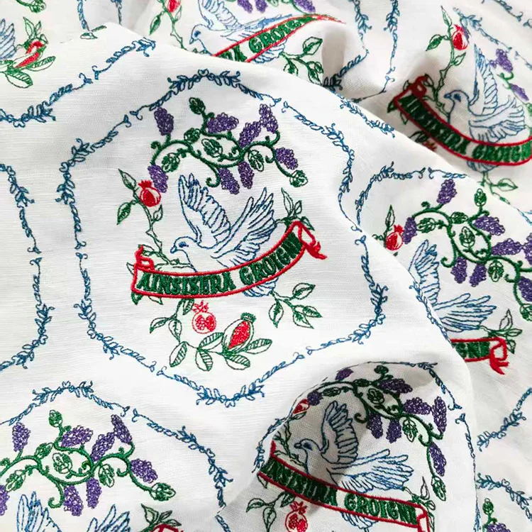 Tencel-Linen Embroidered Dove & Floral Fabric - 001-1