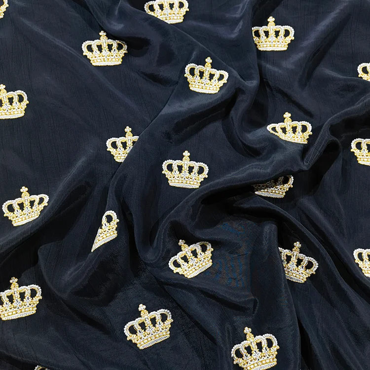 Royal Crown Beaded Embroidery Tencel Fabric - 020