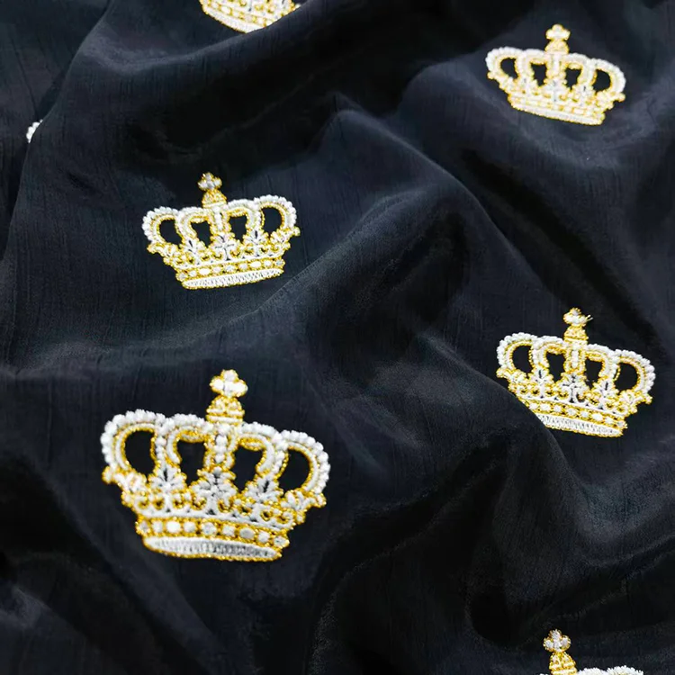 Royal Crown Beaded Embroidery Tencel Fabric - 020