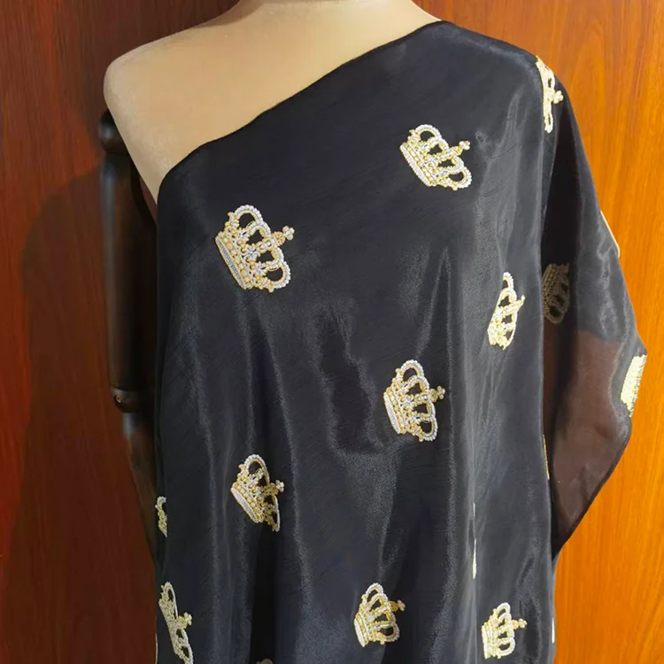 Royal Crown Beaded Embroidery Tencel Fabric - 020