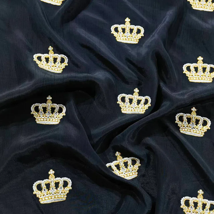 Royal Crown Beaded Embroidery Tencel Fabric - 020