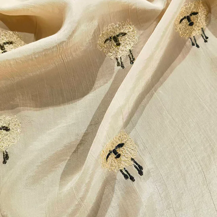 Sheep Motif Embroidery Tencel Filament Fabric - 021