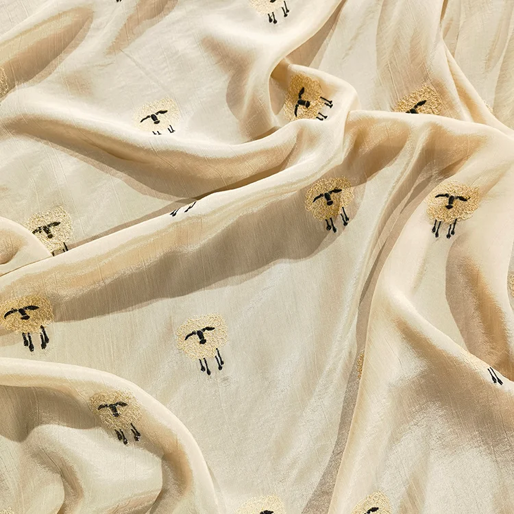 Sheep Motif Embroidery Tencel Filament Fabric - 021