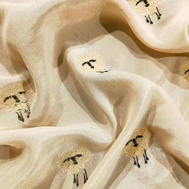 Sheep Motif Embroidery Tencel Filament Fabric - 021