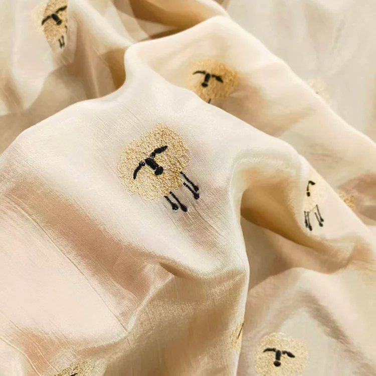 Sheep Motif Embroidery Tencel Filament Fabric - 021