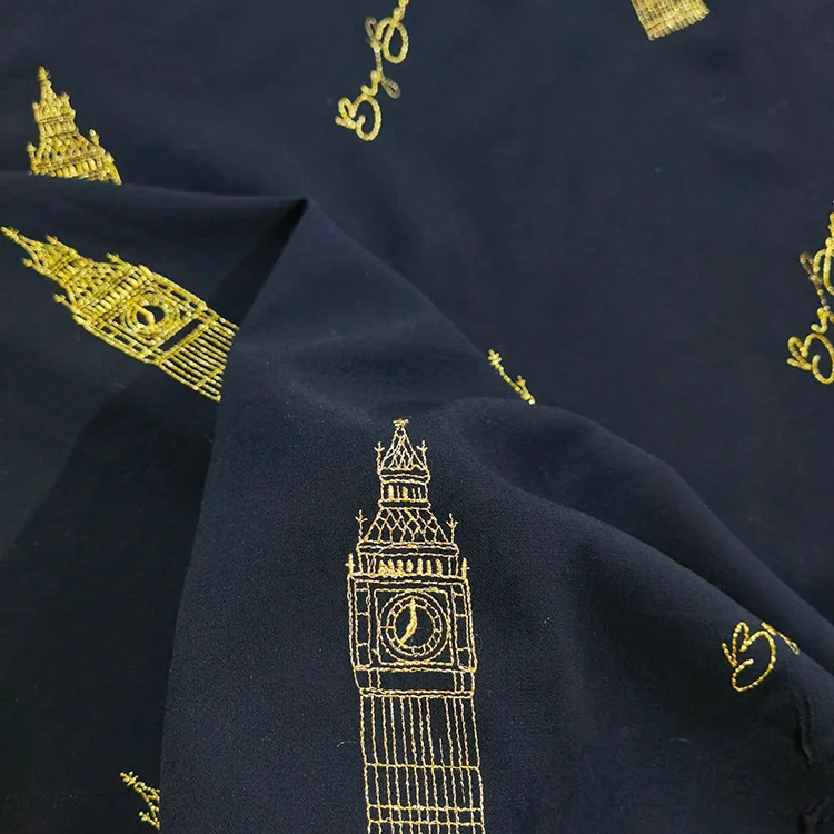 Big Ben Gold Embroidery Tencel Fabric - 022