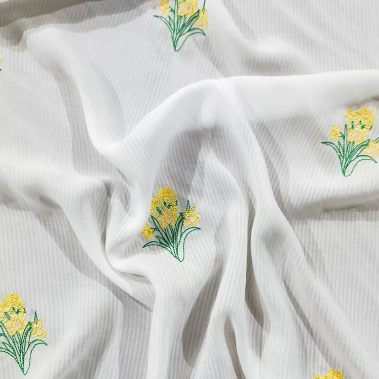 Yellow Floral Embroidered Pinstripe Tencel - 027