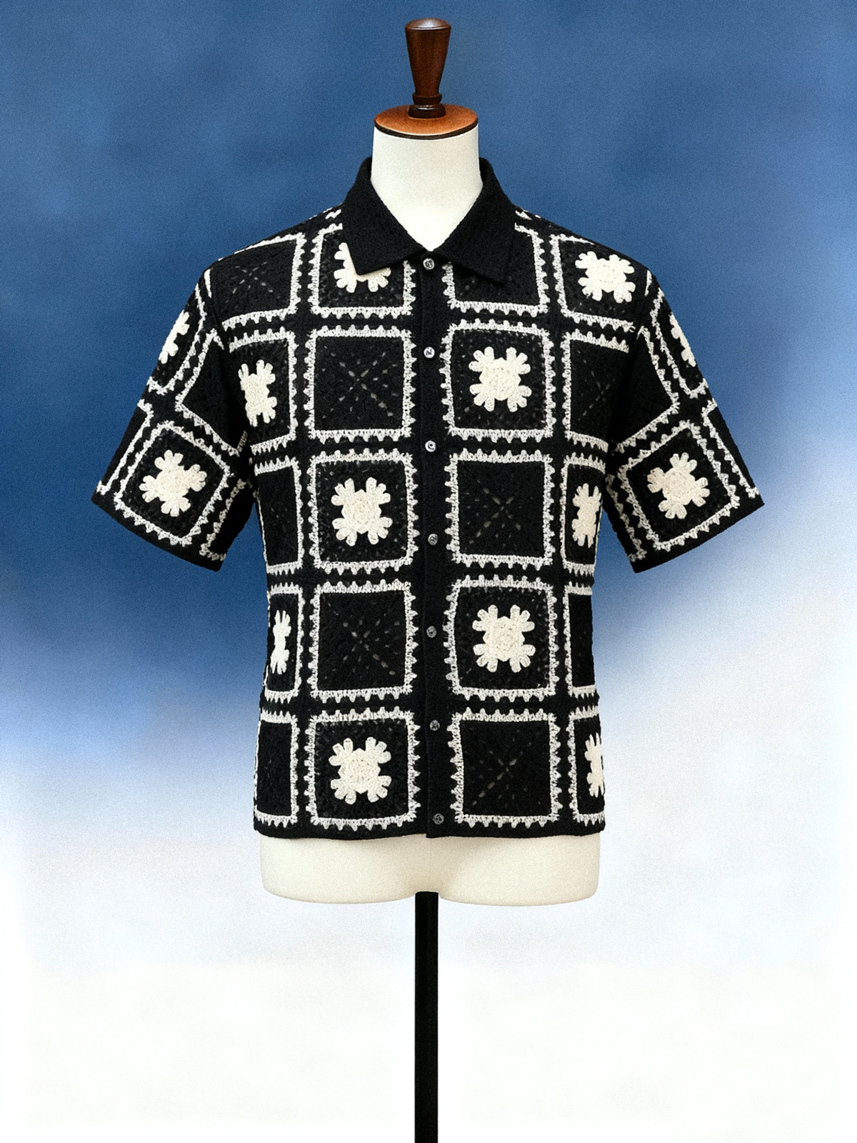 Men's Floral Checkerboard Crochet Shirt - FM0101000049
