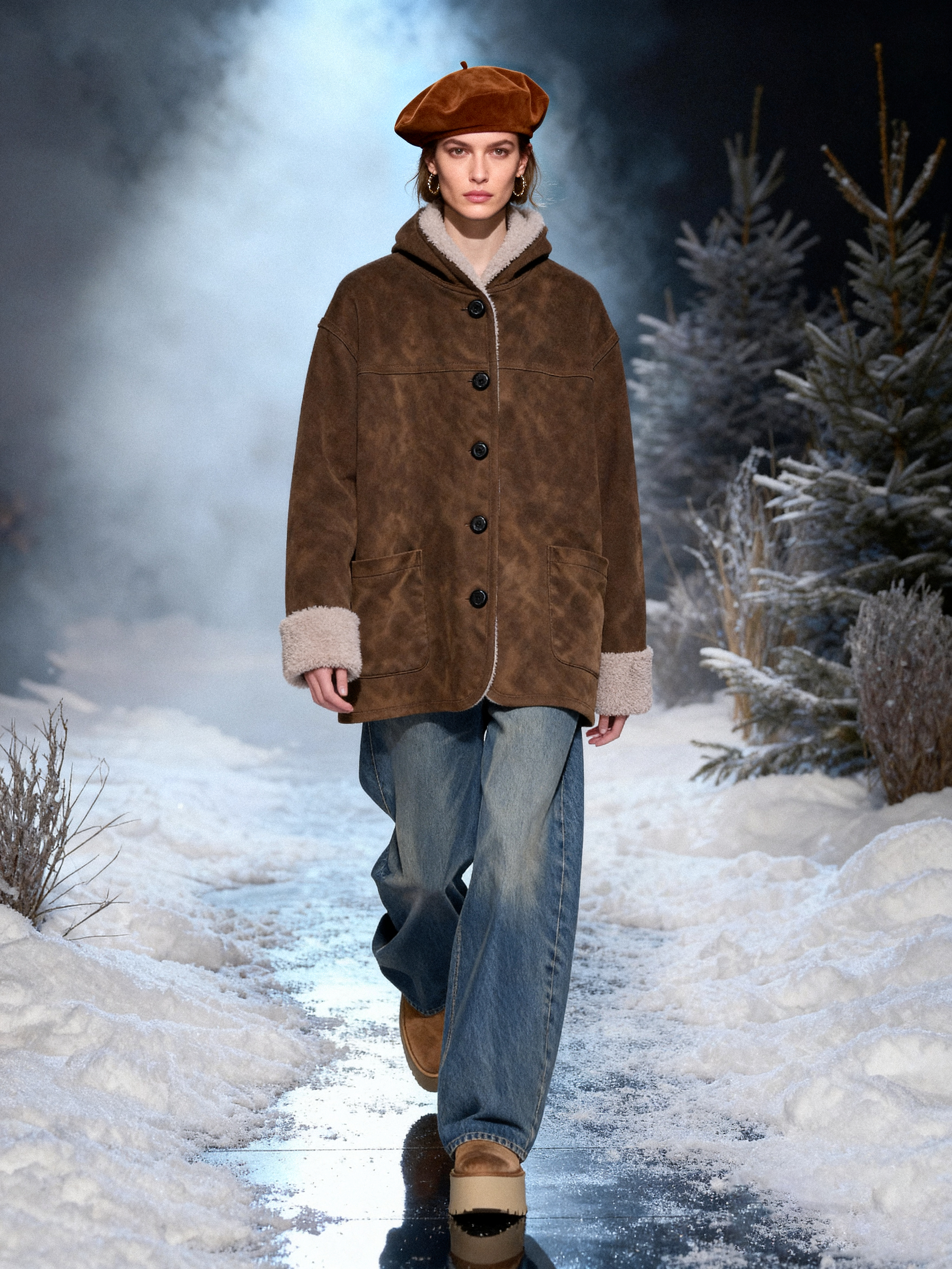 Hooded Faux Shearling Car Coat - FM0302000075