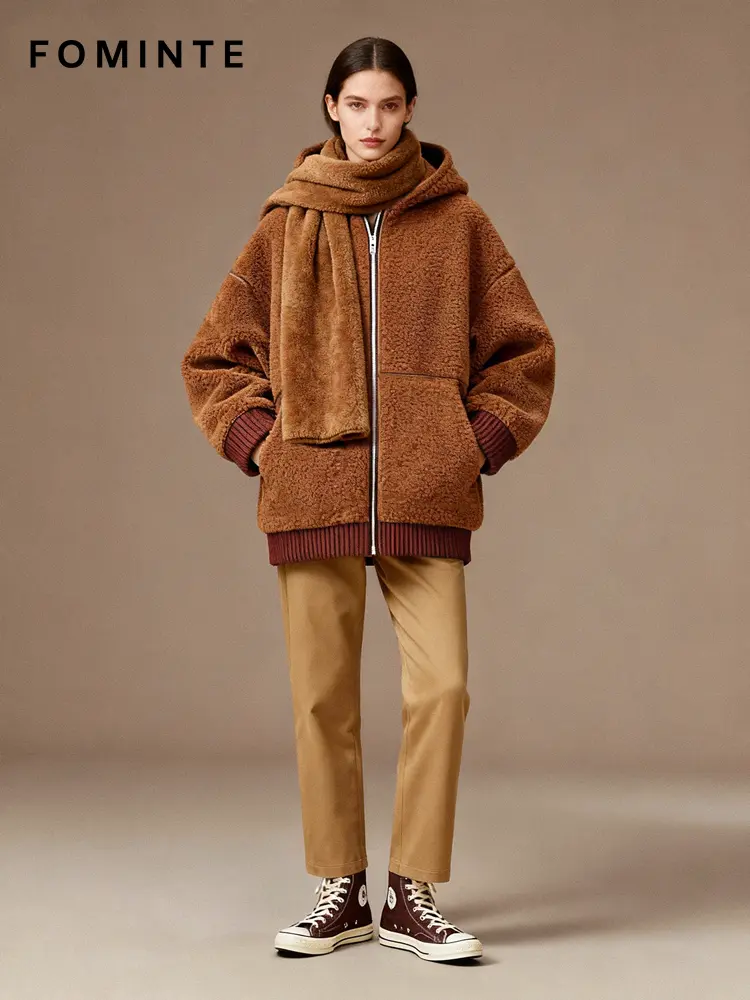 WholesaleHooded Teddy Sherpa Bomber Jacket (Rust Brown) - FM0302000077