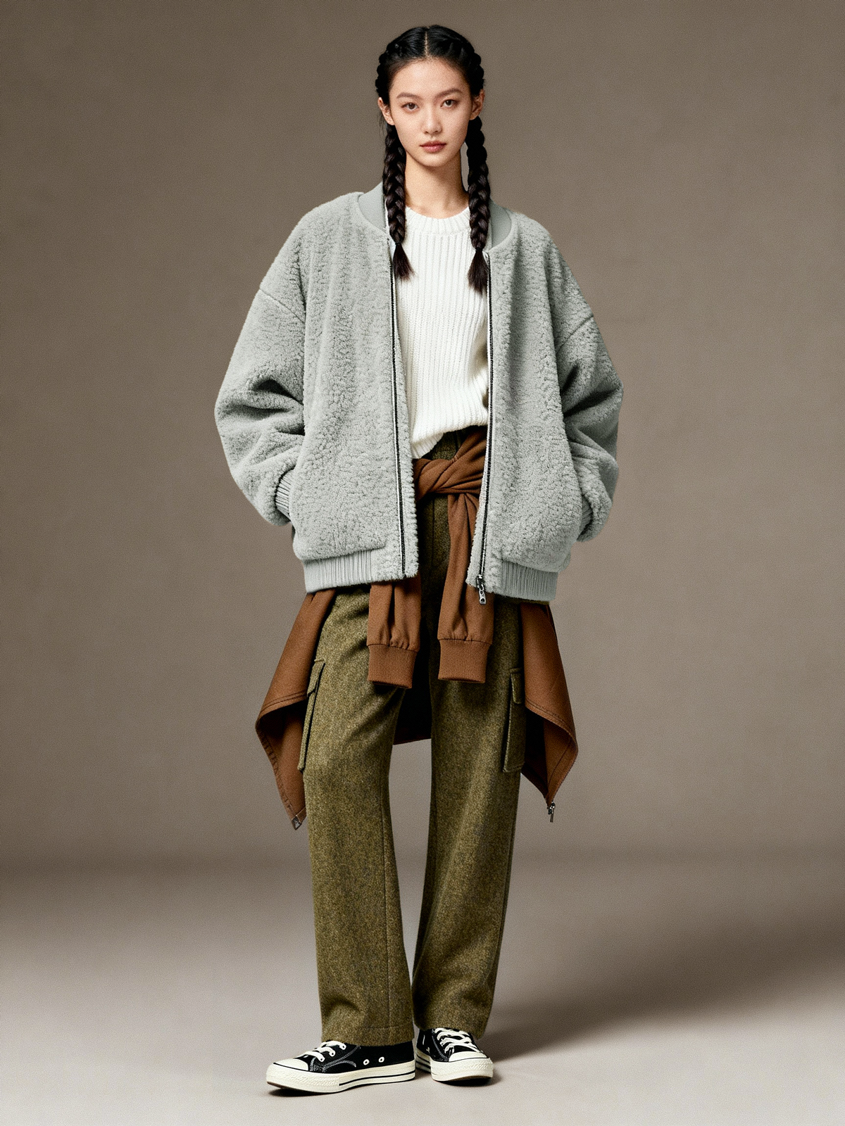 Light Green Teddy Fleece Bomber Jacket - FM0302000080