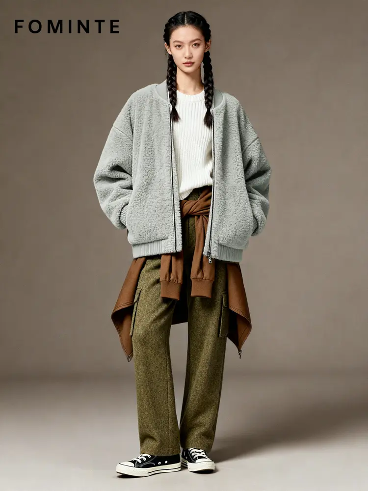 WholesaleLight Green Teddy Fleece Bomber Jacket - FM0302000080