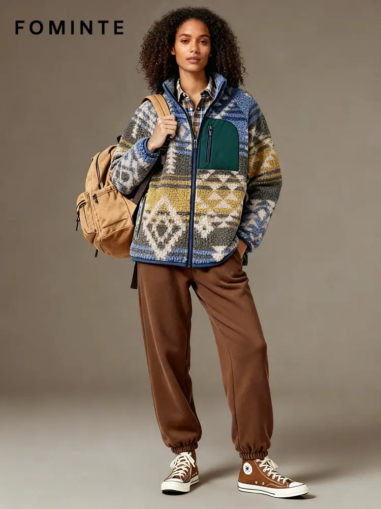 WholesaleAztec Printed Sherpa Fleece Jacket - FM0303000082