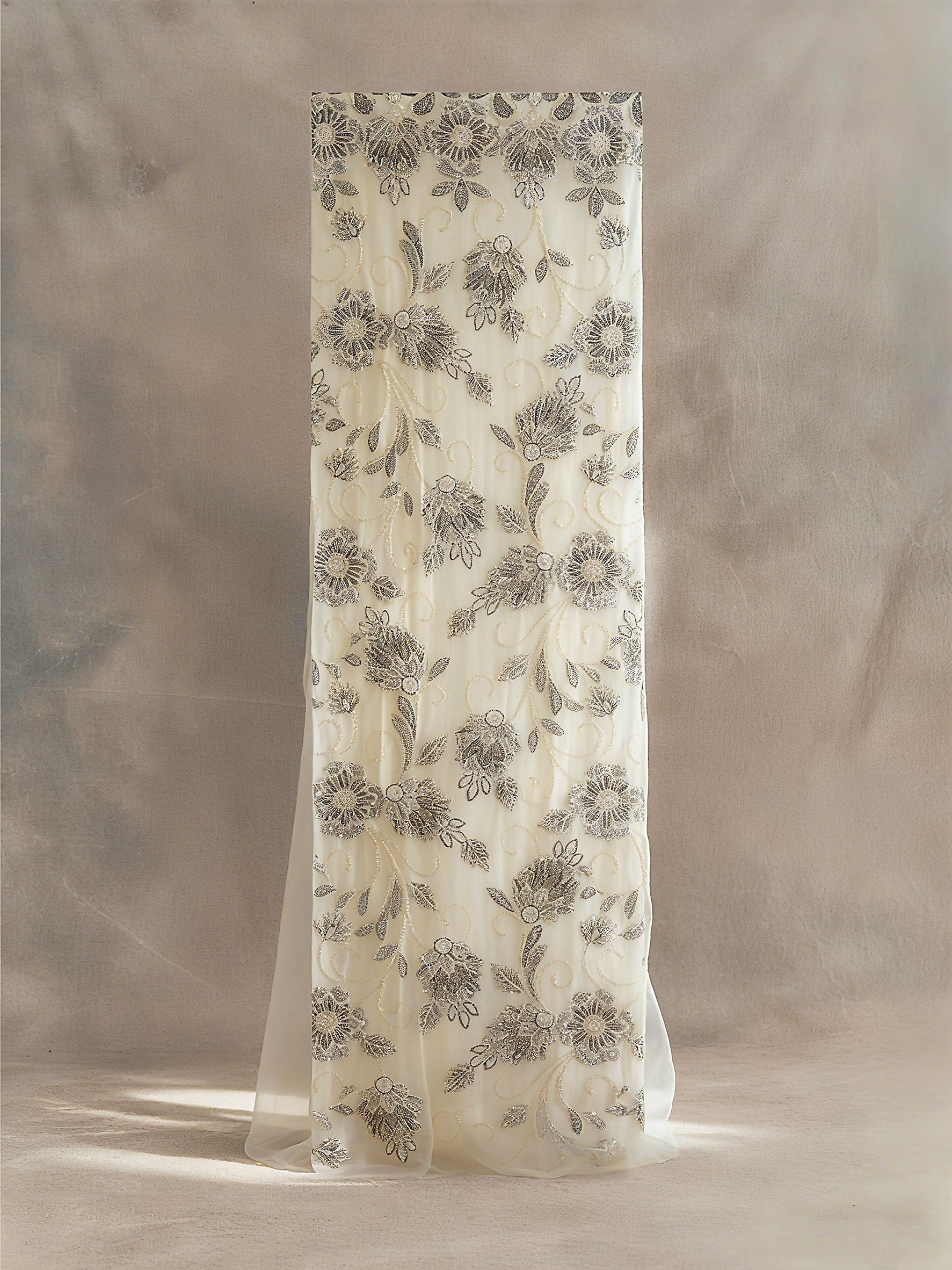 FT25-097: Regal Baroque Scroll Fabric with Cord Embroidery and Beading