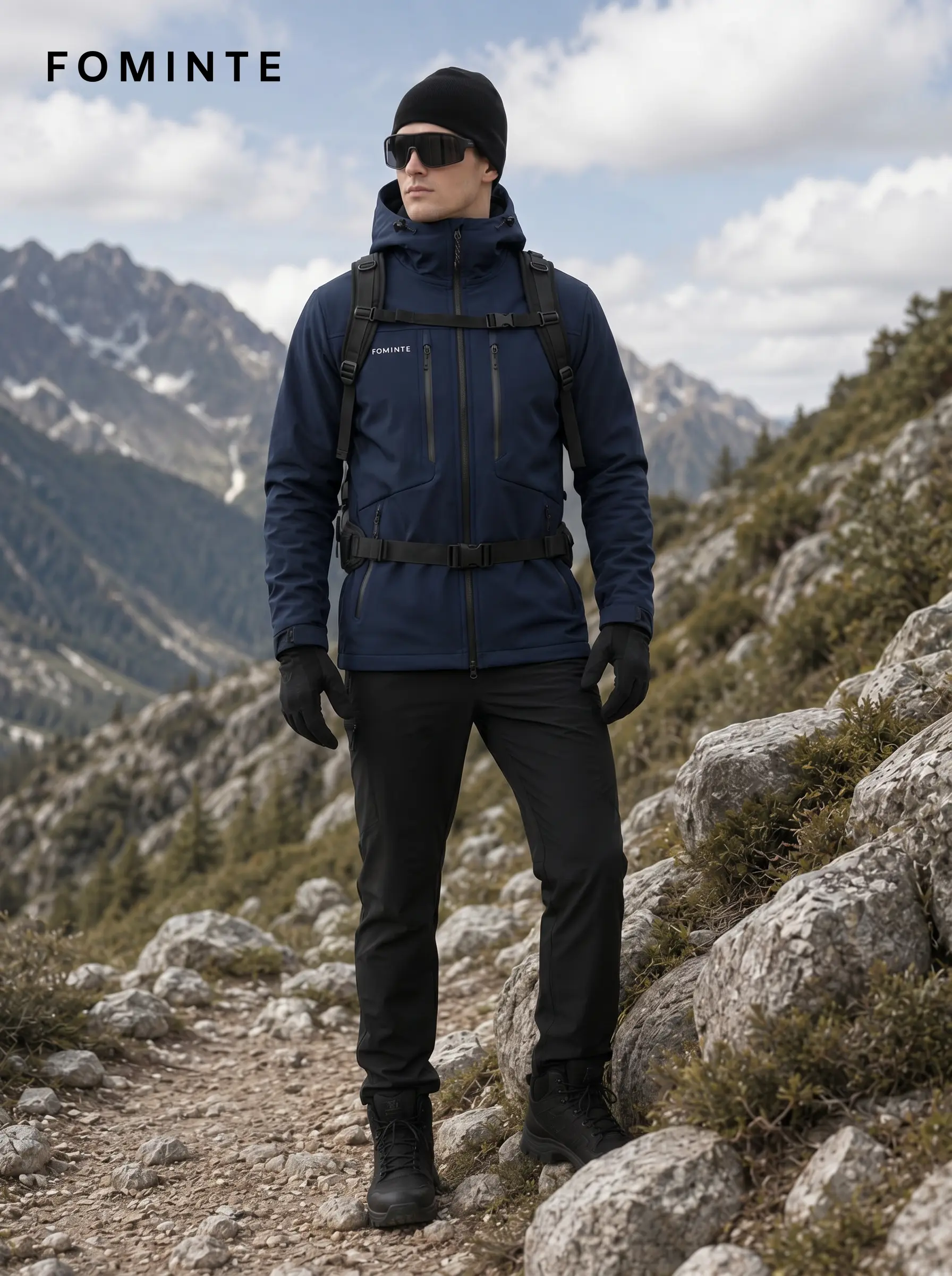 Men's Navy Hooded Softshell Hiking Jacket