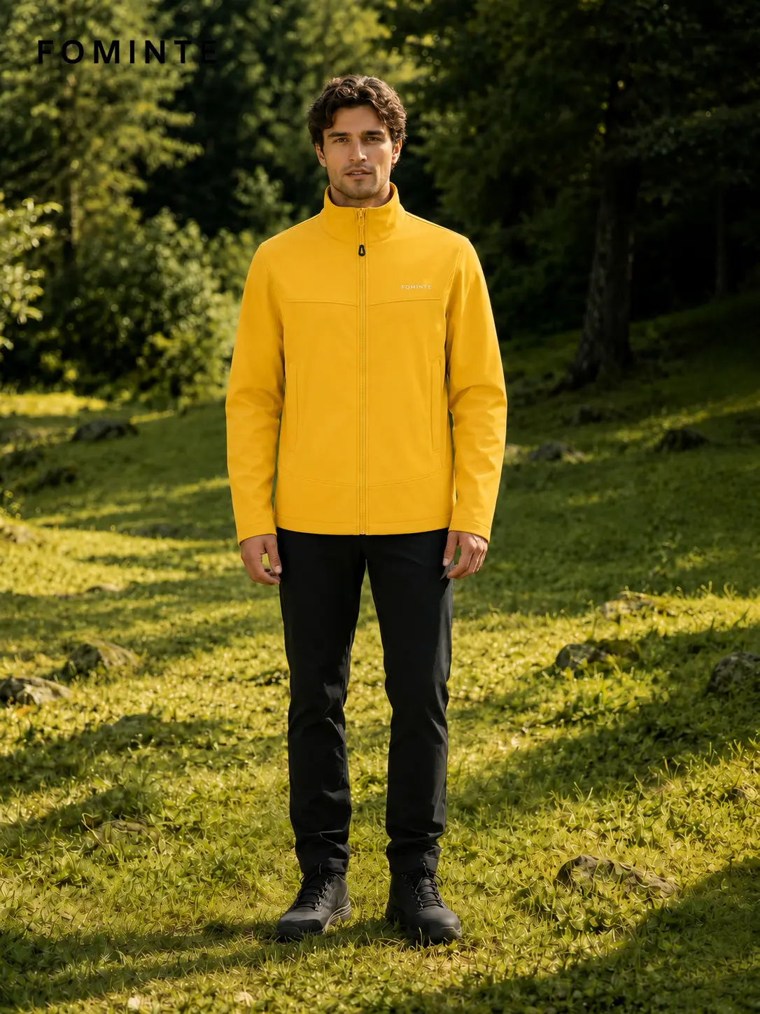 Men's Yellow Stand Collar Softshell Jacket