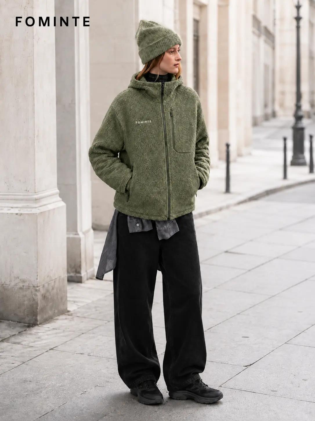 Men's Grey Bean Green Full-Zip Sherpa Fleece Hooded Jacket