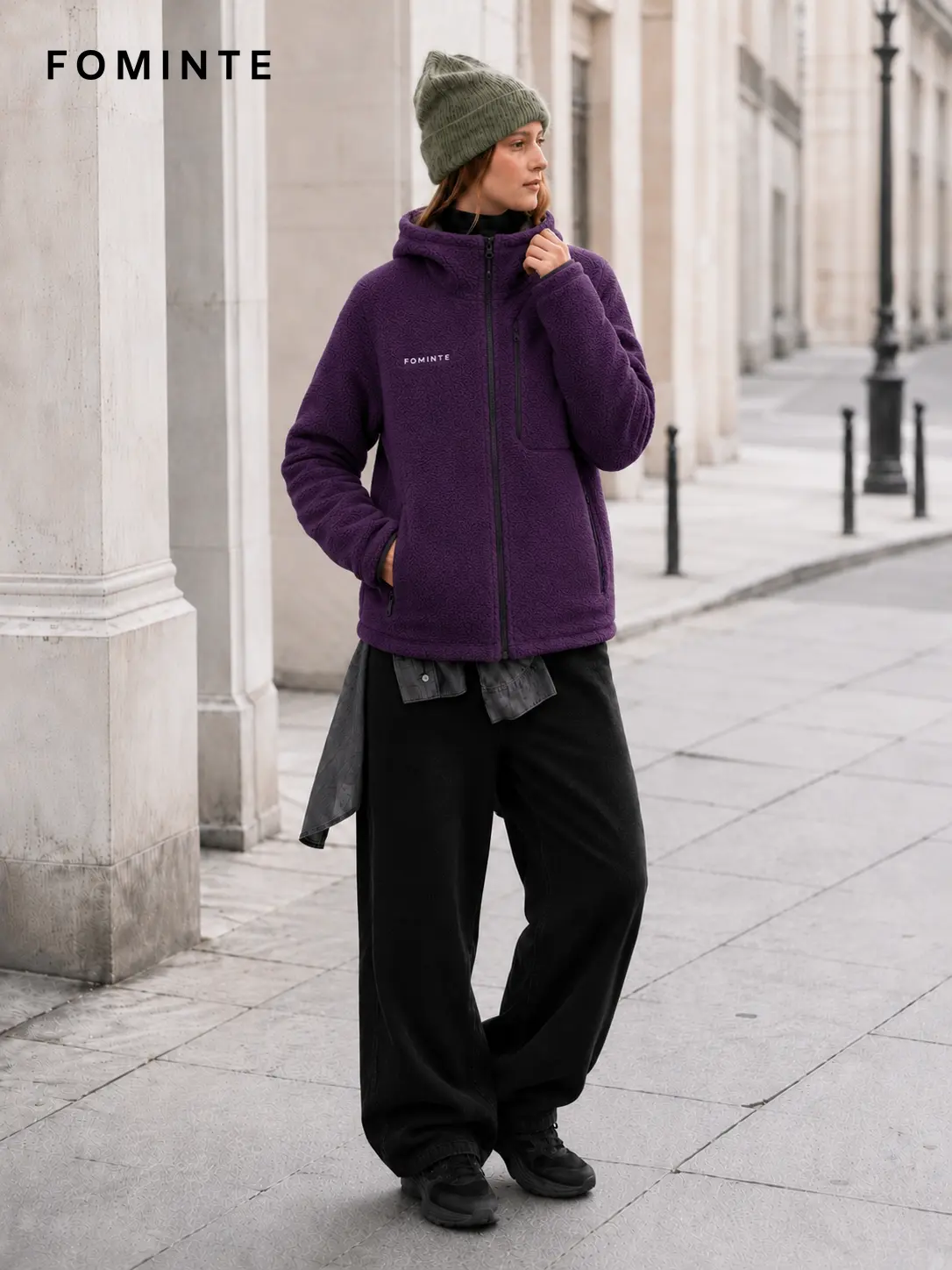 Men's Dark Purple Full-Zip Sherpa Fleece Hooded Jacket
