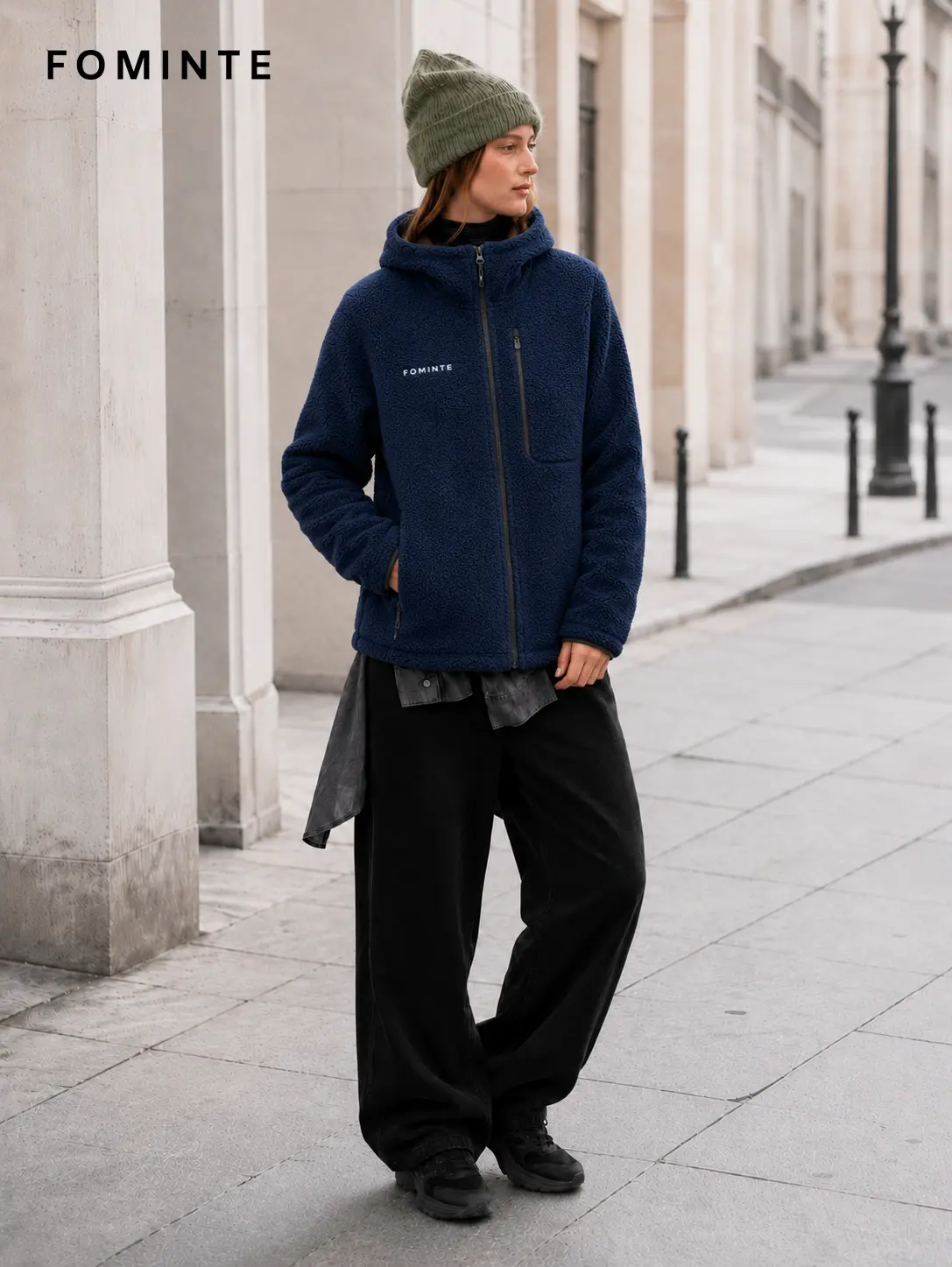 Men's Navy Blue Full-Zip Sherpa Fleece Hooded Jacket