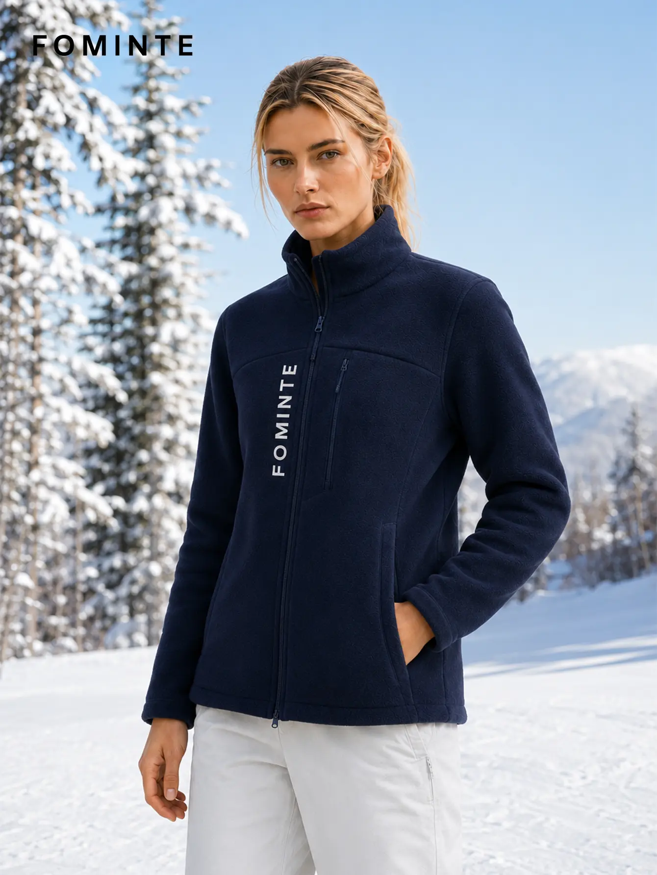 Women's Navy Blue Stand Collar Full-Zip Fleece Jacket