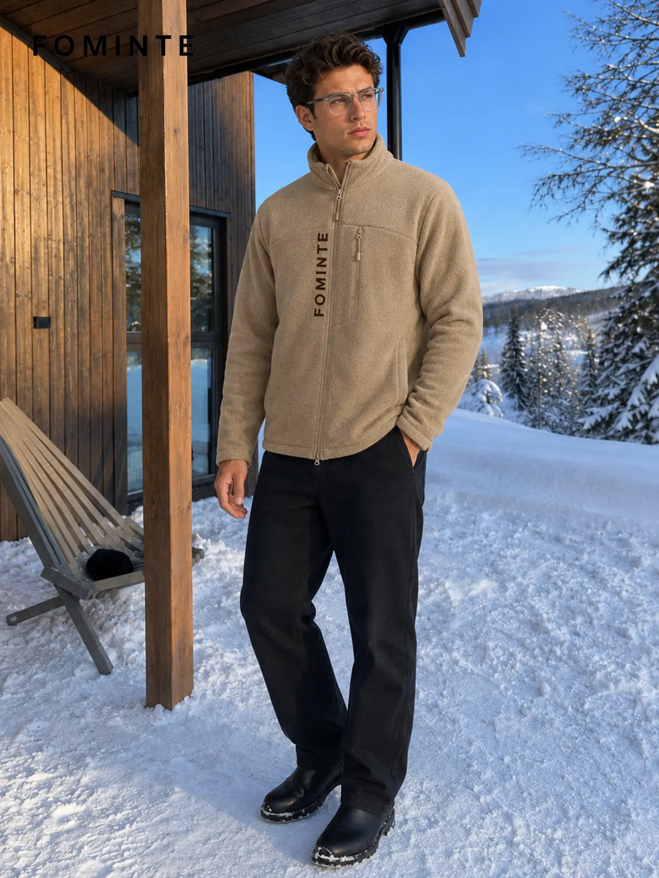 Men's Light Khaki Stand Collar Full-Zip Fleece Jacket