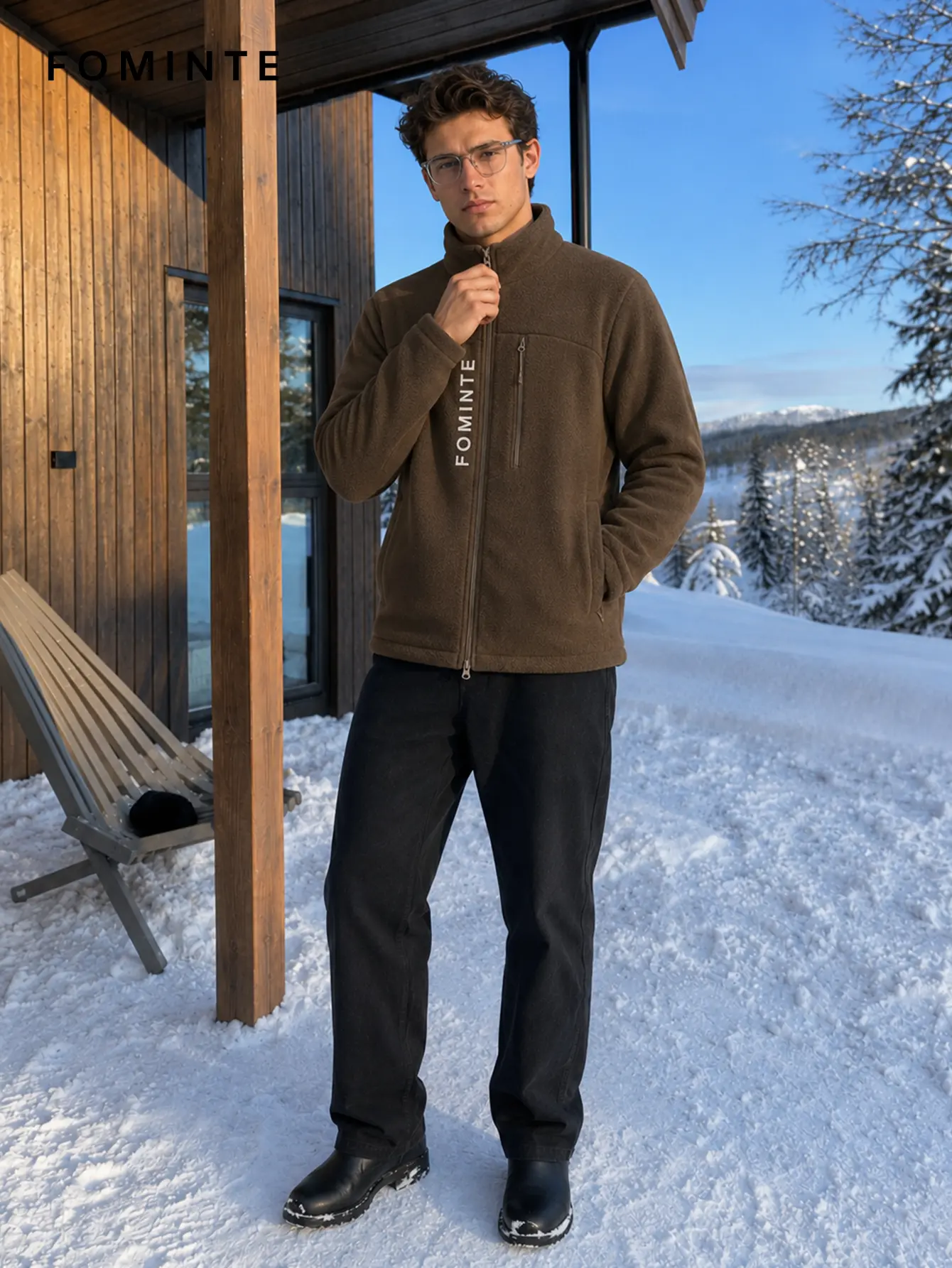 Men's Coffee Brown Stand Collar Full-Zip Fleece Jacket