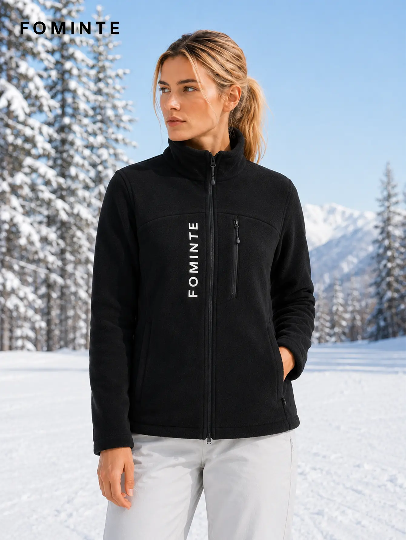Women's Black Stand Collar Full-Zip Fleece Jacket