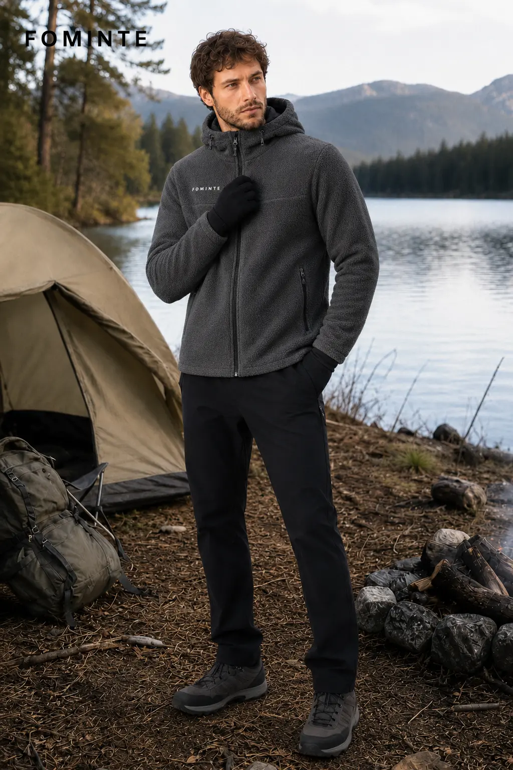 Men's Dark Grey Hooded Full-Zip Fleece Jacket