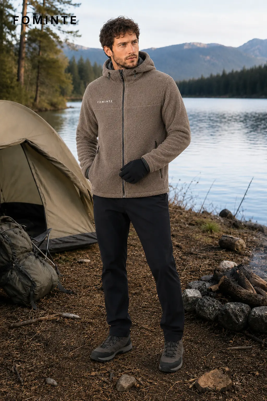 Men's Khaki Hooded Full-Zip Fleece Jacket