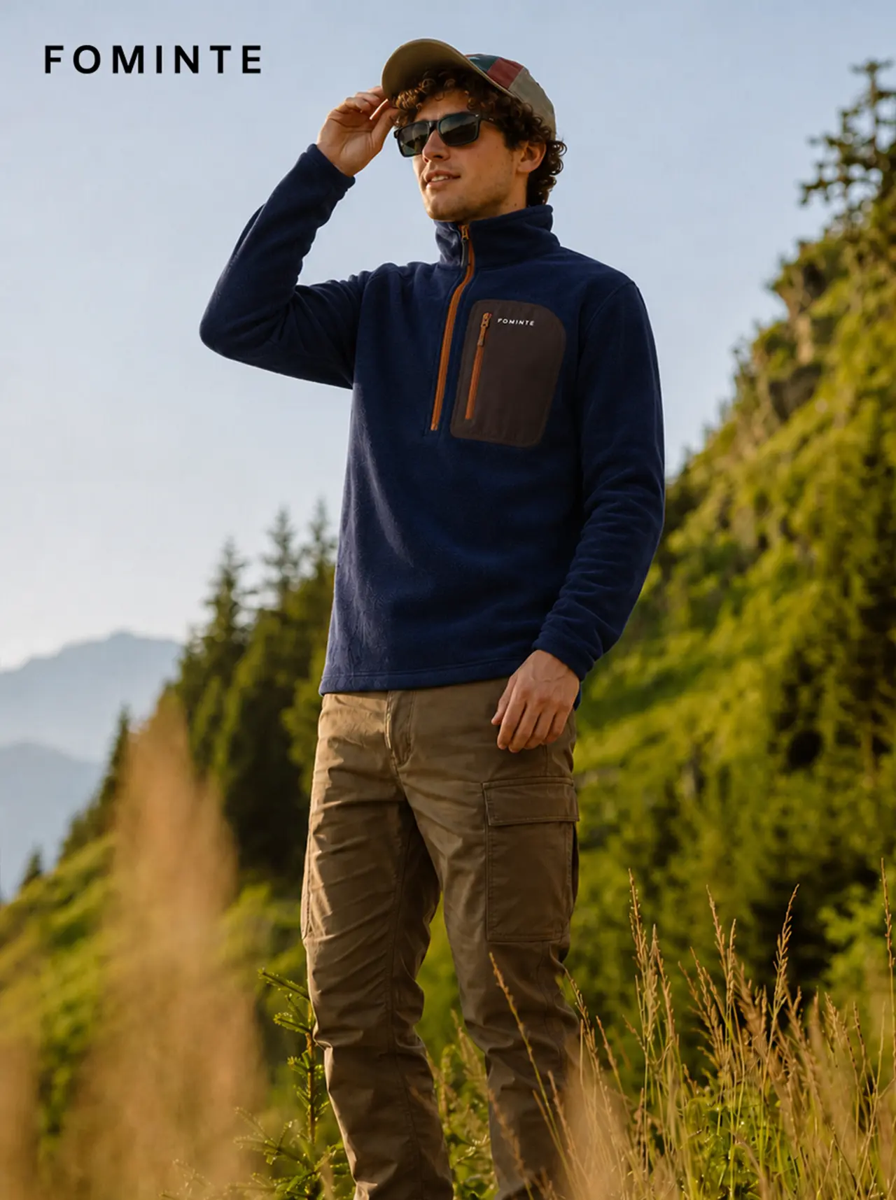 Men's Navy, Brown and Orange Color-Block Quarter-Zip Fleece Pullover
