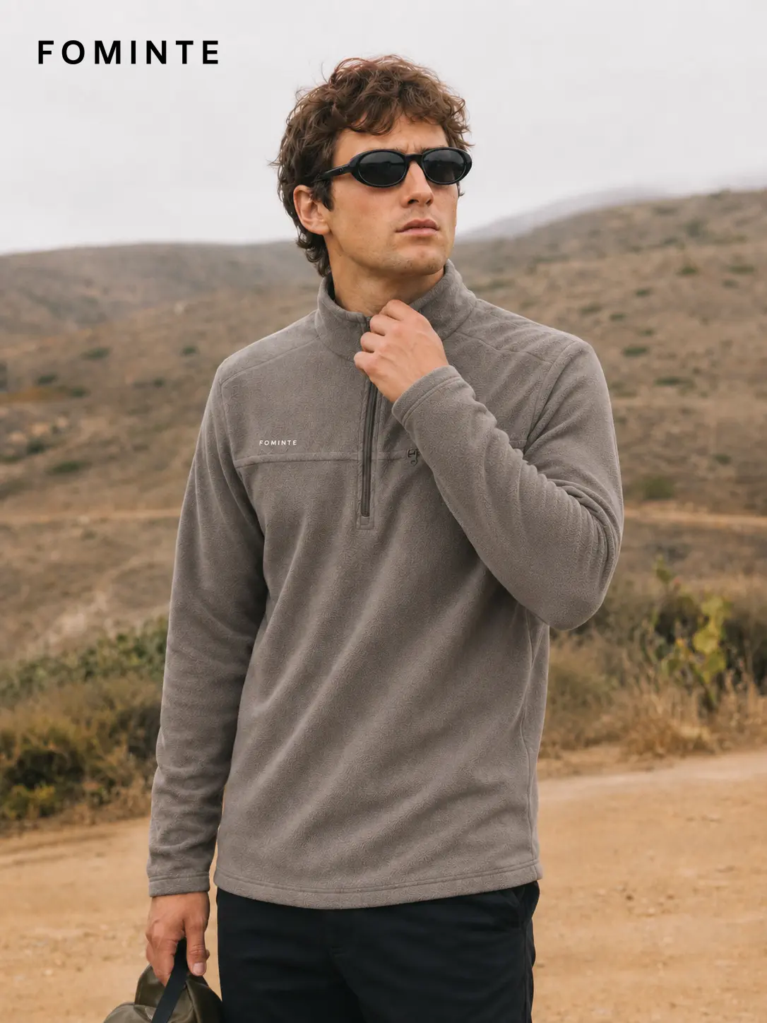 Men's Grey Coffee Lightweight Quarter-Zip Fleece Pullover