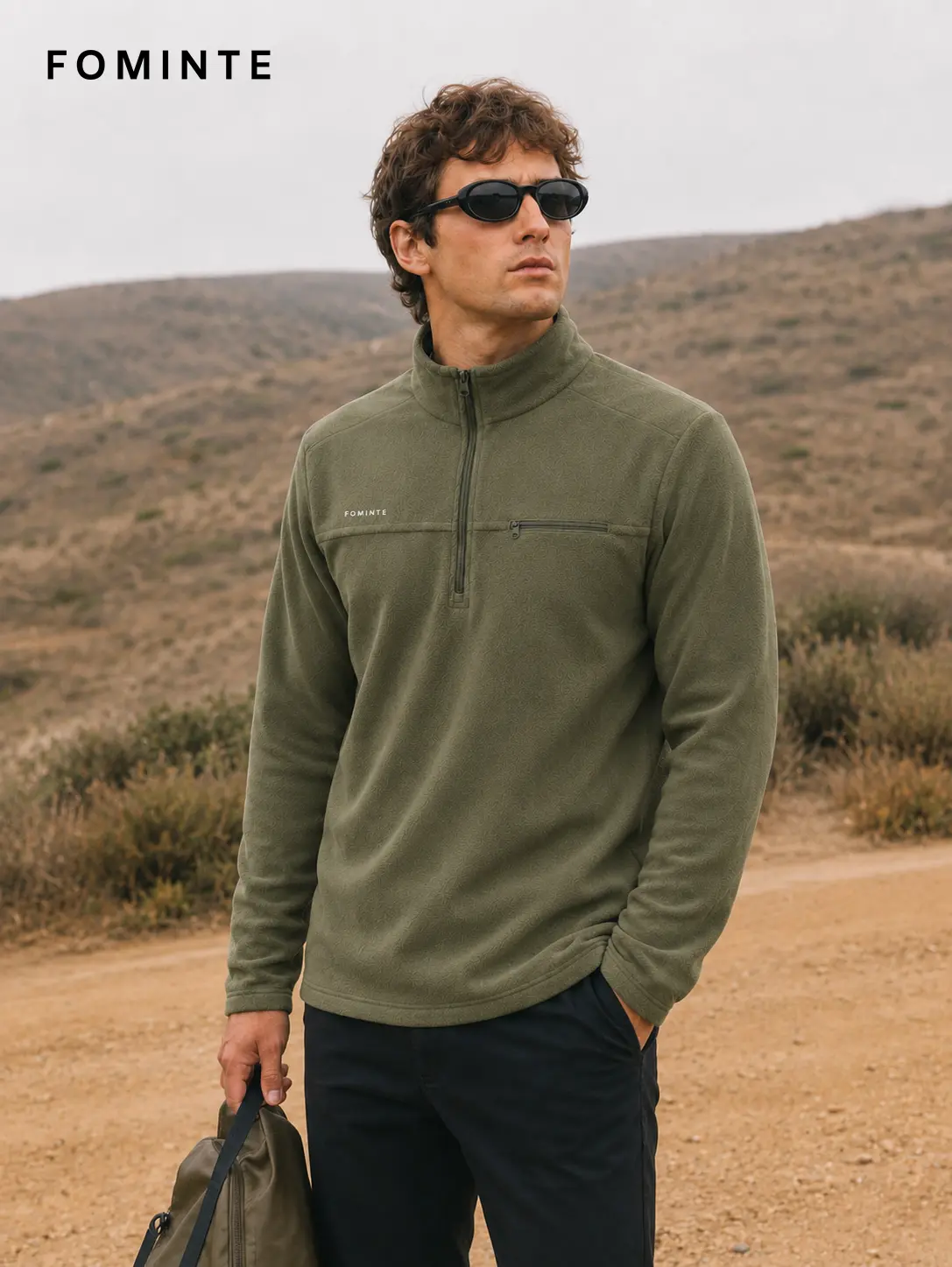 Men's Olive Moss Green Lightweight Quarter-Zip Fleece Pullover