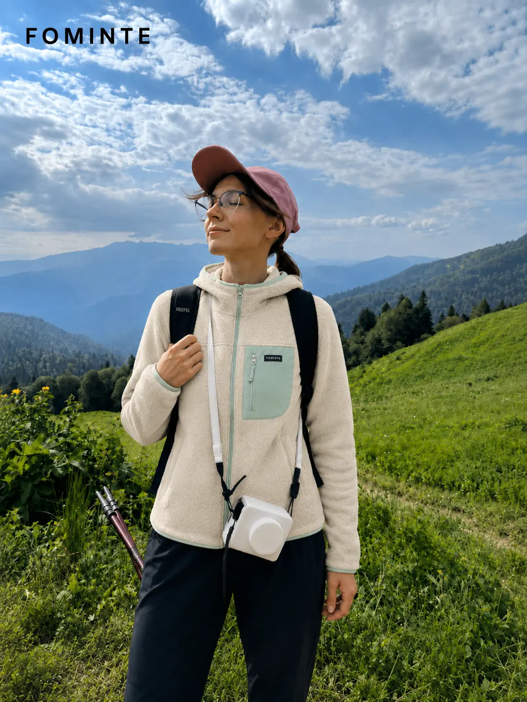 Women's Beige and Light Grey Green Hooded Full-Zip Fleece Jacket