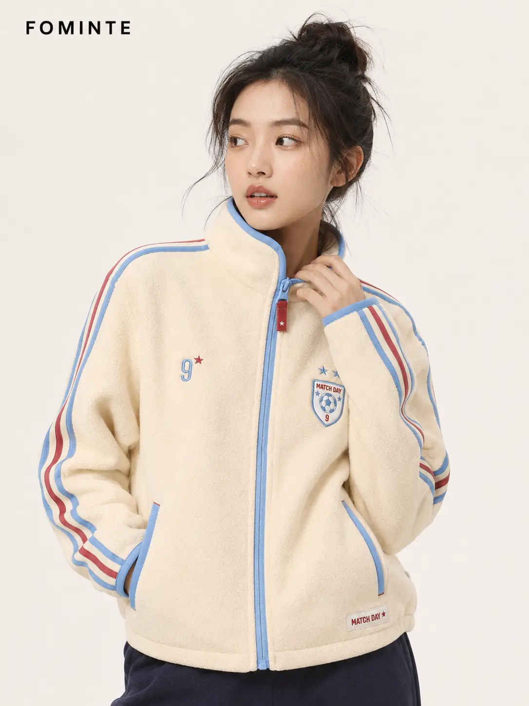 Solid‑Color Fleece Stand Collar Cardigan, Soccer No.9 Jersey Design Custom Sportswear‑FM0802000401‑4