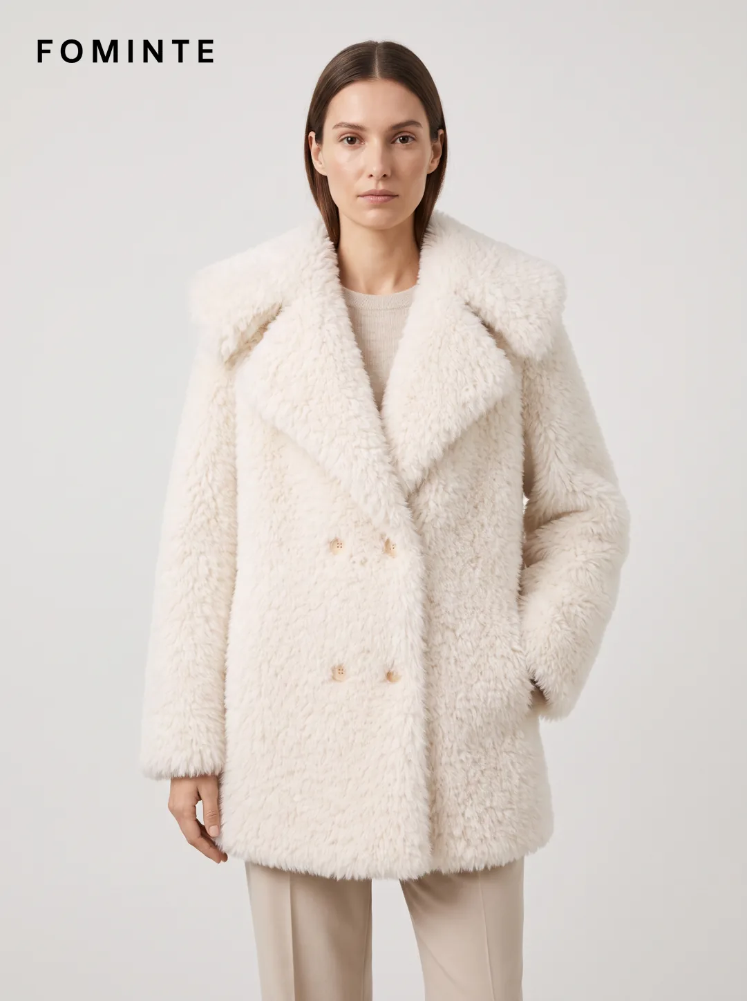 White Double-Breasted Faux Fur Blazer Wholesale