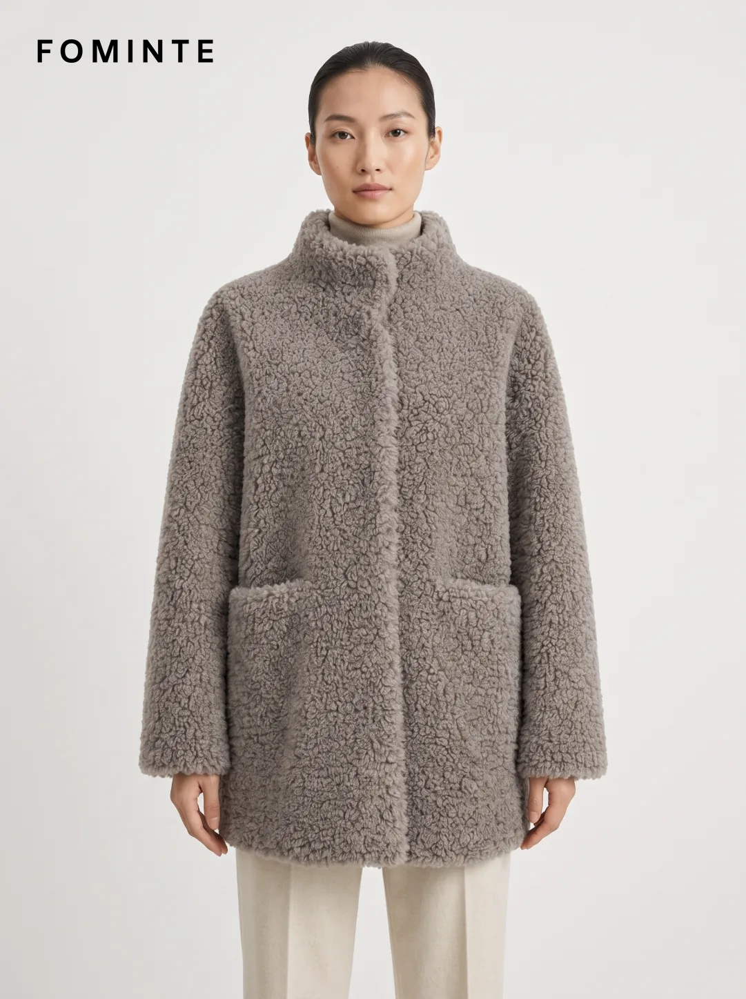 Grey High-Neck Faux Fur Coat Wholesale