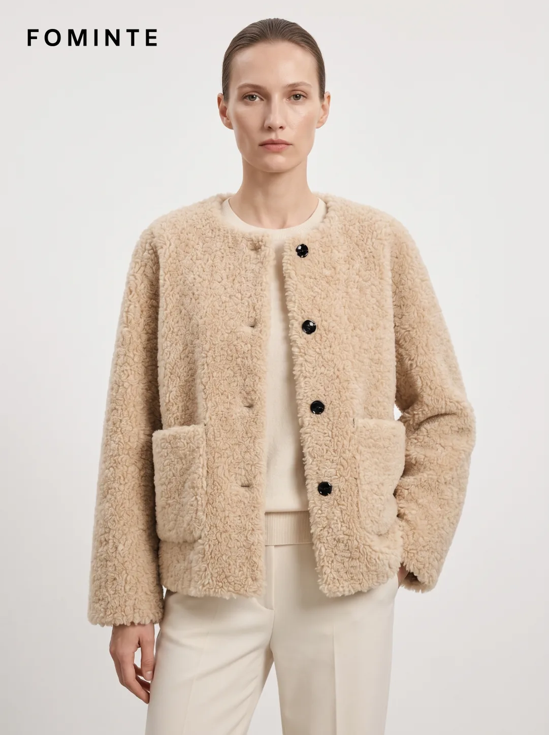 Beige Textured Button Faux Fur Jacket Wholesale