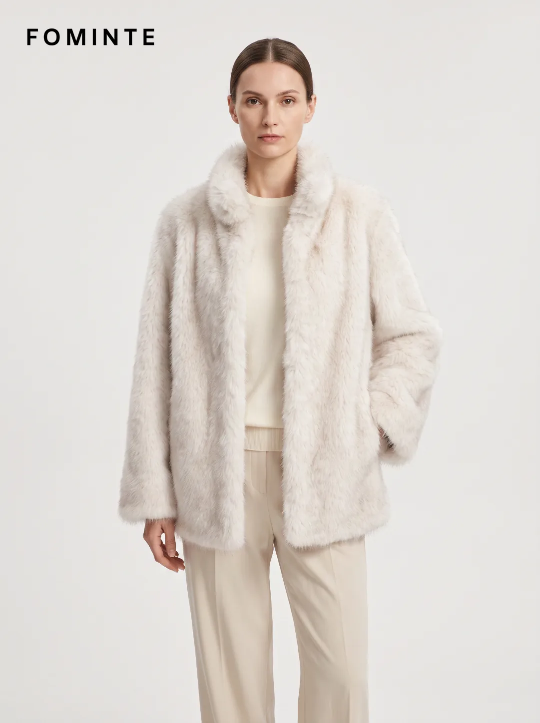 Light Grey Notched Faux Fur Coat Wholesale