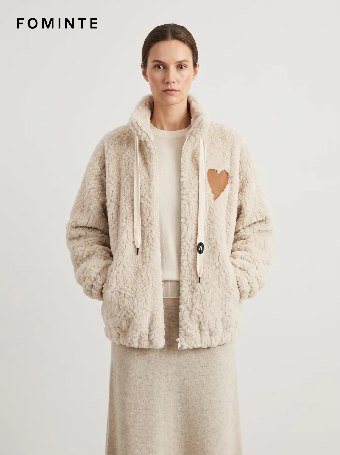Beige Hooded Faux Shearling Jacket Wholesale