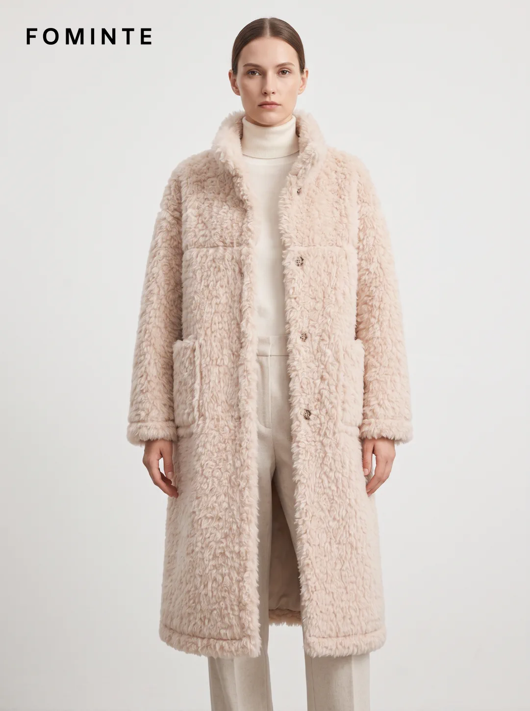 Light Beige Faux Fur Trim Coat Wholesale