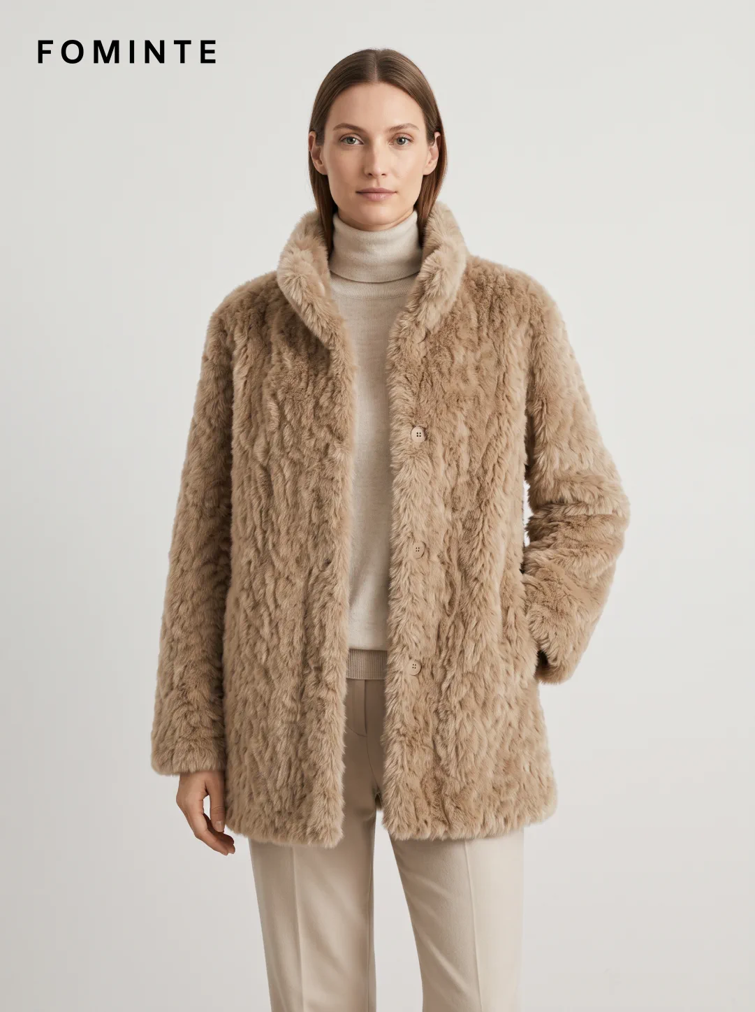 Taupe Button-Front Faux Fur Jacket Wholesale