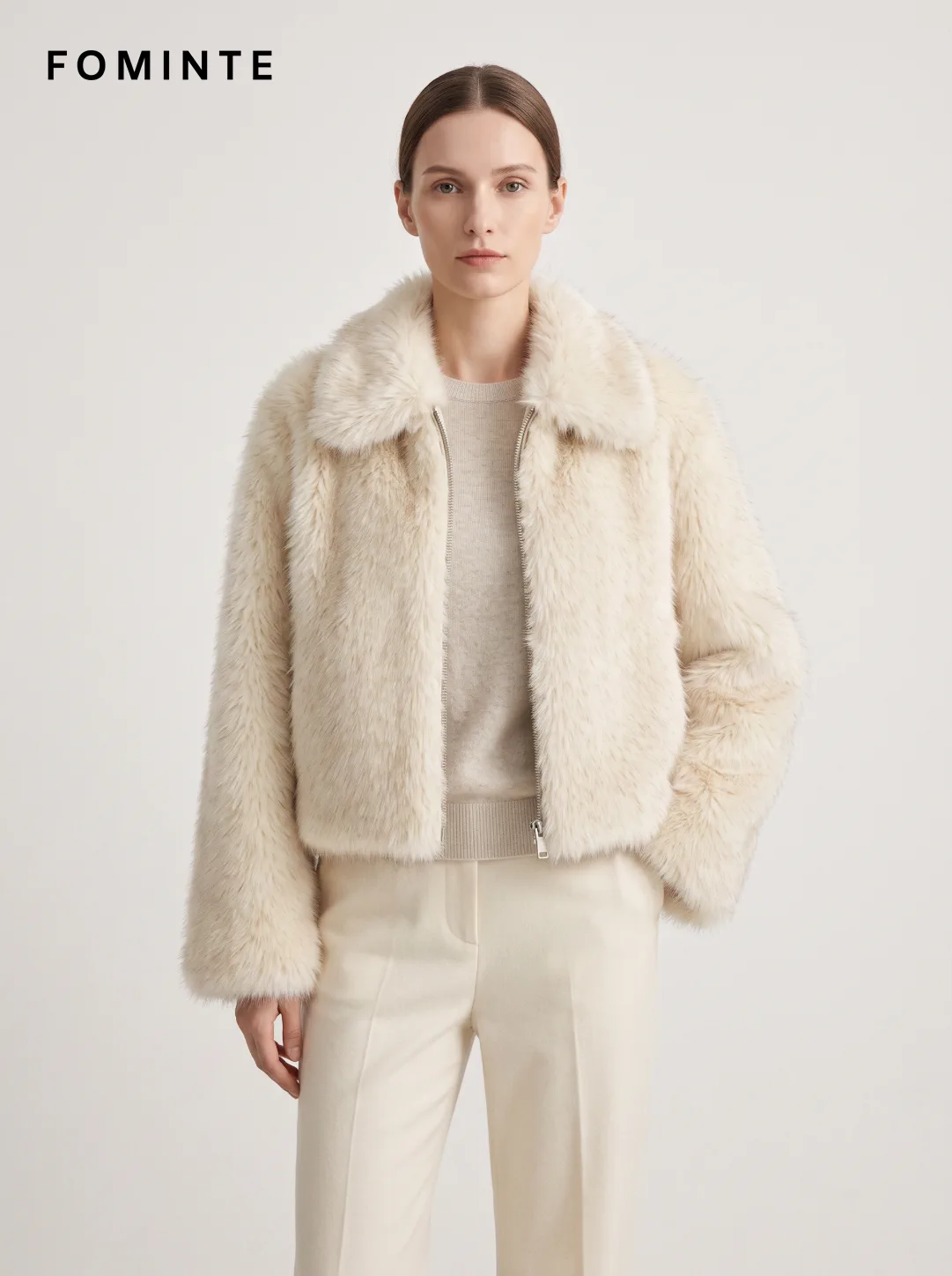 Ivory Zip-Front Faux Fur Jacket Wholesale