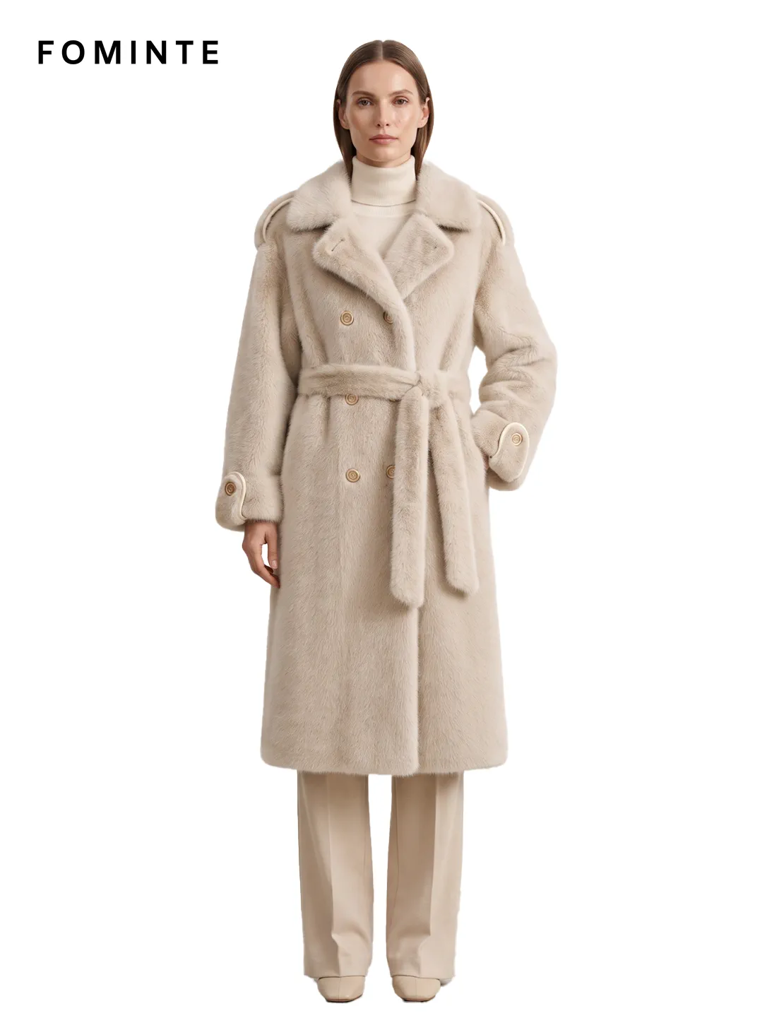 Ivory Belted Double-Breasted Faux Fur Coat Wholesale