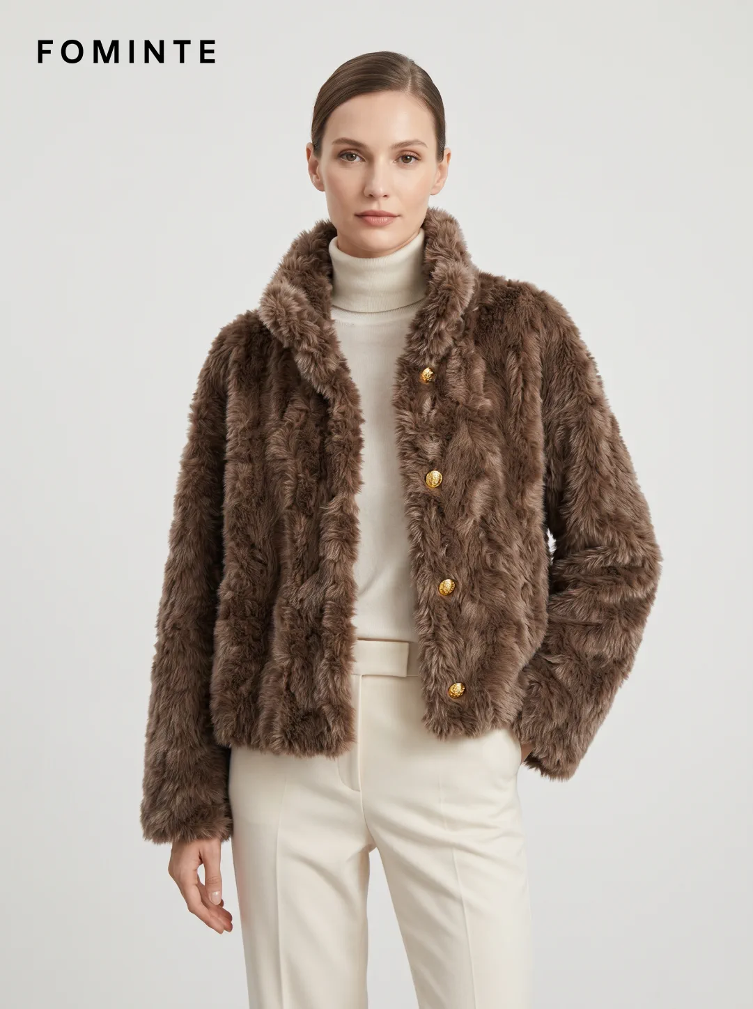 Coffee Button-Front Faux Fur Jacket Wholesale
