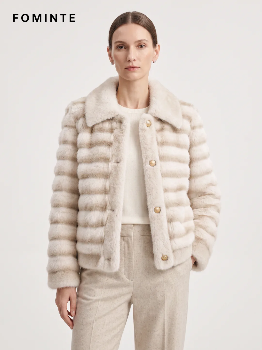 White Striped Faux Fur Button-Front Jacket Wholesale
