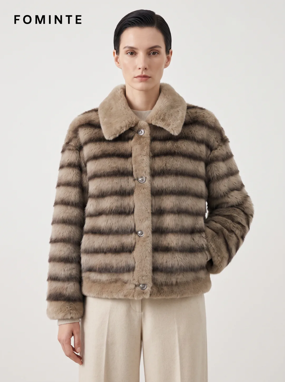 Coffee Striped Faux Fur Button-Front Jacket Wholesale
