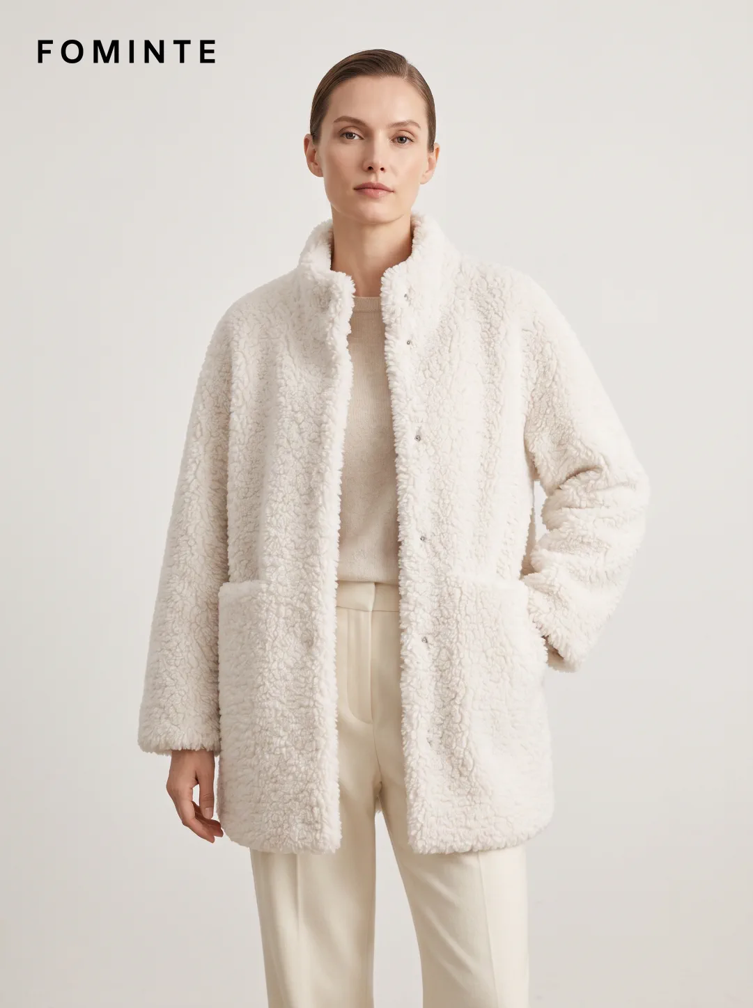 White Textured Faux Fur Patch-Pocket Jacket Wholesale
