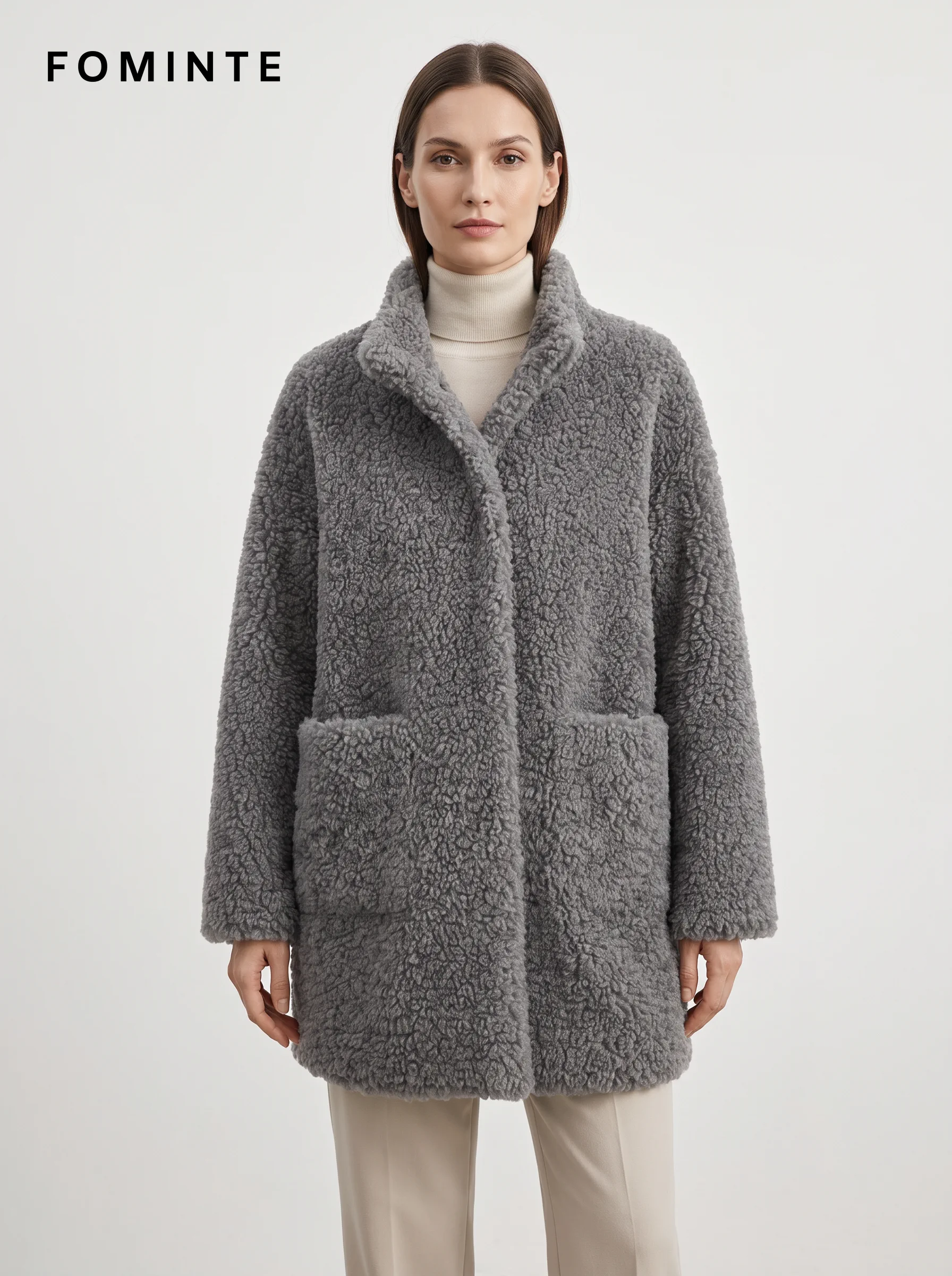 Grey Textured Faux Fur Patch-Pocket Jacket Wholesale