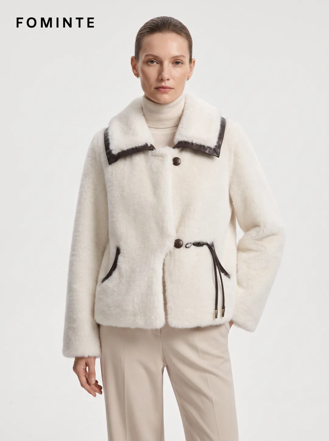 Ivory Contrast-Trim Faux Fur Jacket Wholesale