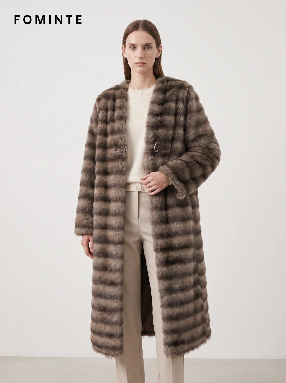 Coffee Belted Faux Fur Coat Wholesale